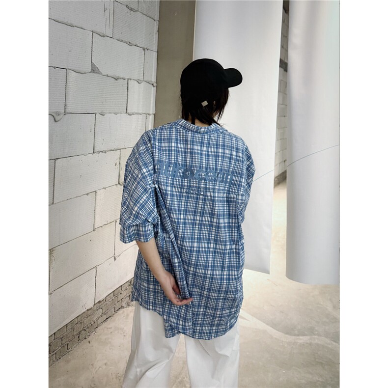 C316CS8333P68夏季新款格子撞色小清新蓝色刺绣短袖衬衫宽松,男装T恤,电商C316