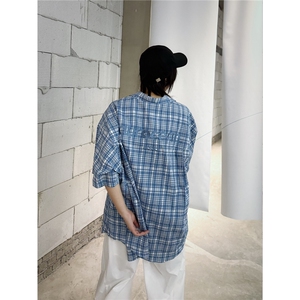 C316 CS8333 P68 夏季新款格子撞色小清新蓝色刺绣短袖衬衫宽松图片