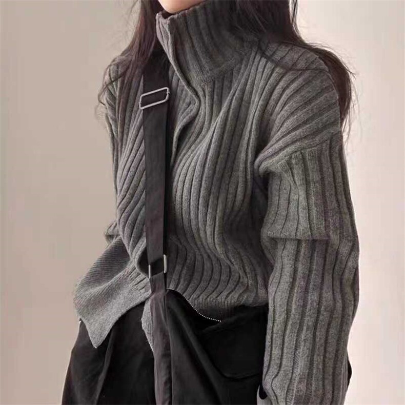 法式宽松短款高领加厚针织开衫女秋冬气质毛衣外套羊毛上衣,女装羊毛衫,悦玛羊绒