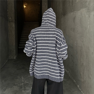 条纹连帽毛衣男女美式复古慵懒风撞色针织开衫外套潮流9574 P64图片