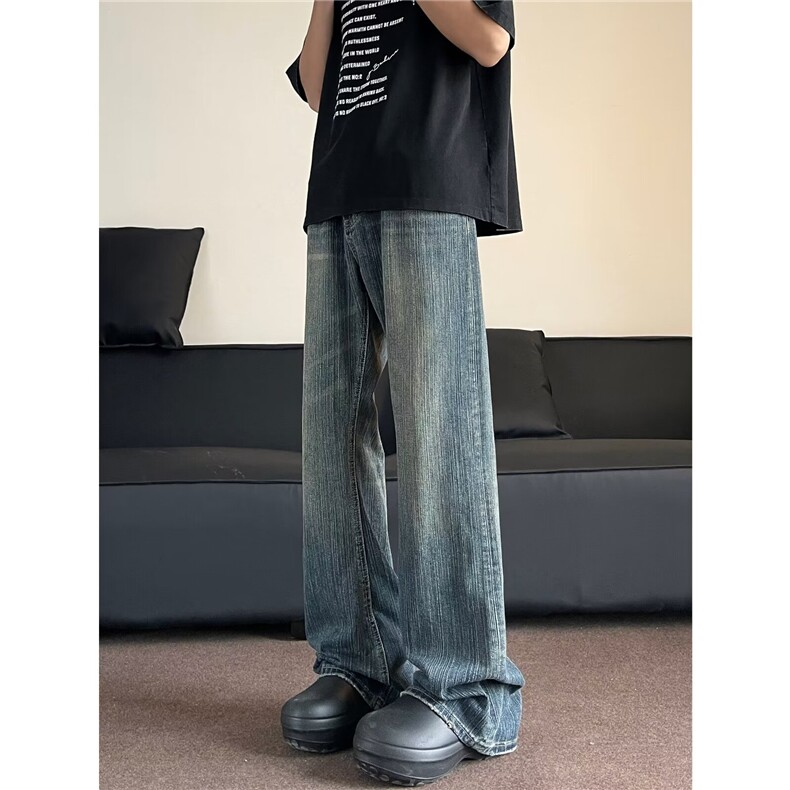 得物品质港风夏款男牛仔裤纯棉爆竹纹宽松直筒长裤NK0056P70,男装牛仔裤,星座1013-1