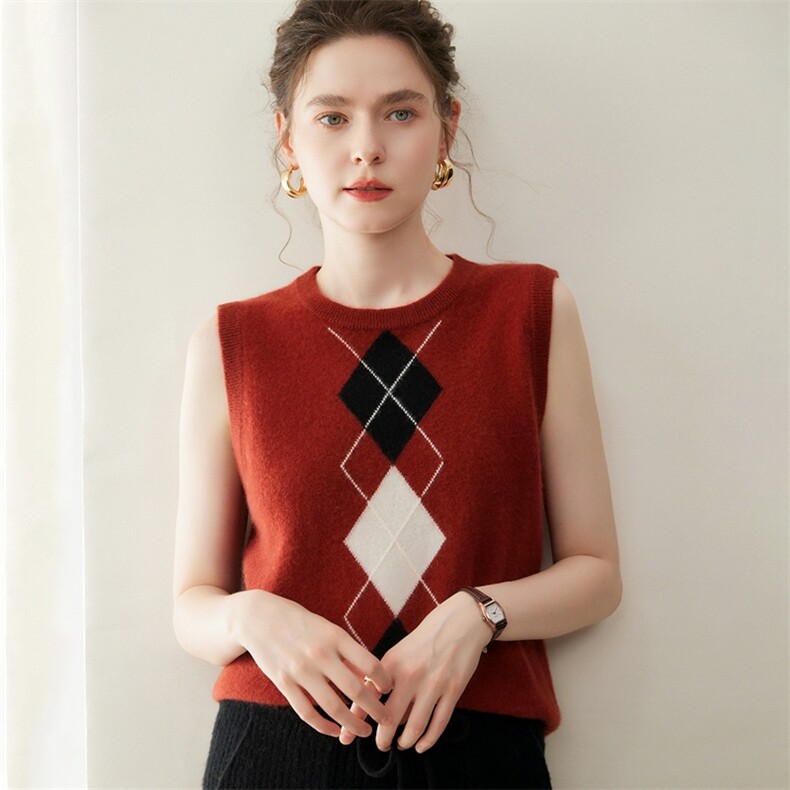 菱动格调~山羊绒针织马甲女秋冬宽松无袖毛衣设计感拼色马夹坎肩，女装羊绒衫，纳丰羊绒