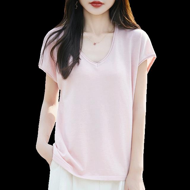 V领小飞袖针织衫女T恤薄款透气2025新款夏精纺细毛上衣短袖t恤衫,针织衫/毛衣,羿纯羊绒
