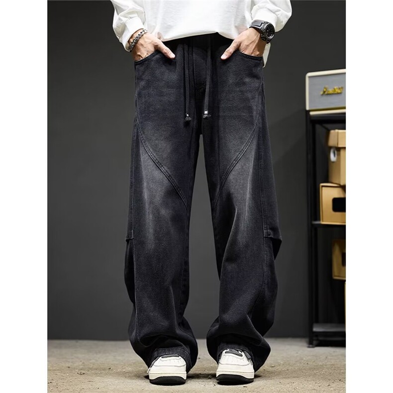 1506/Q89050/P51美式潮牌拼接牛仔裤直筒裤时尚水洗复古休闲长裤，男装牛仔裤，星座1506