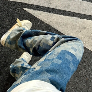 马赛克棋盘格直筒牛仔裤男vibe痞帅微喇裤子设计感高级感NB135,绿色吊脚裤怎么搭配图片