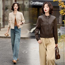 现货机车风外套2025春装新款女装时尚休闲简约短款立领落肩袖夹克，女装皮衣，美拉德工厂直营店