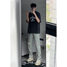 B221美式ins高街暗黑拉链小脚弹力破洞牛仔裤LK23060-P65控88，男装牛仔裤，电商B221