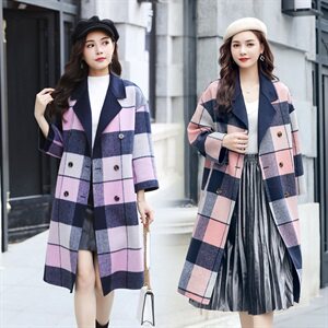 双面羊绒大衣秋冬装宽松小清新格子80%羊毛呢外套图片