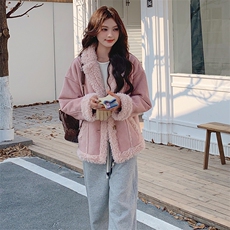 雪景甜美粉色皮毛一体绒外套显瘦短款冬季保暖上衣，女装短外套，天使之佳话