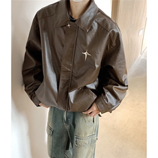1港风美式复古四芒星纽扣可拆卸胸针PU皮衣夹克男JK77771P85控118，男装夹克，星座226-2
