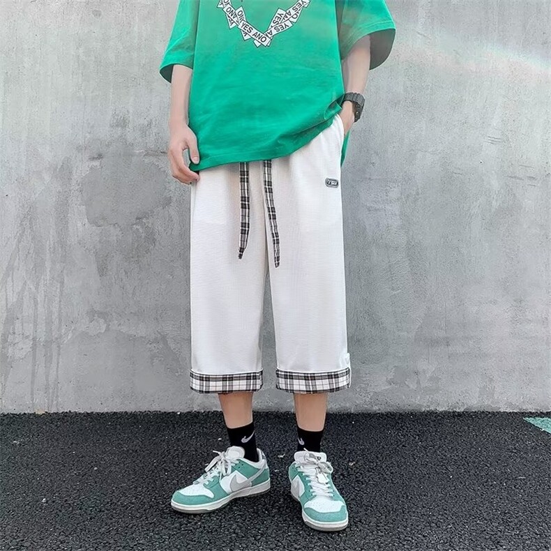 W333-P352024华夫格运动七分裤夏季宽松短裤ins卷边格子阔腿裤,男装牛仔裤,星座911-1