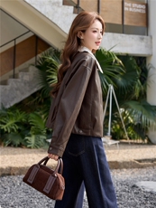 【春季女装新款】2026时尚洋气韩版花边翻领宽松短款拉链皮衣外套，女装皮衣，冬木谷雨