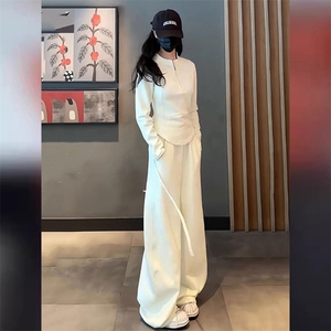 女初秋新款休闲运动套装气质减龄修身立领纯色上衣阔腿长裤两件套