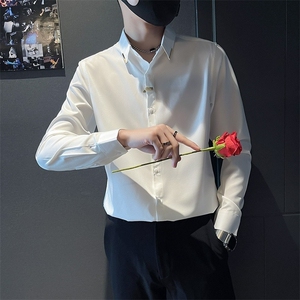 金属设计小众高级白衬衫男美拉德宽松春秋季长袖衬衣CA689,文艺复兴服装搭配颜色图片