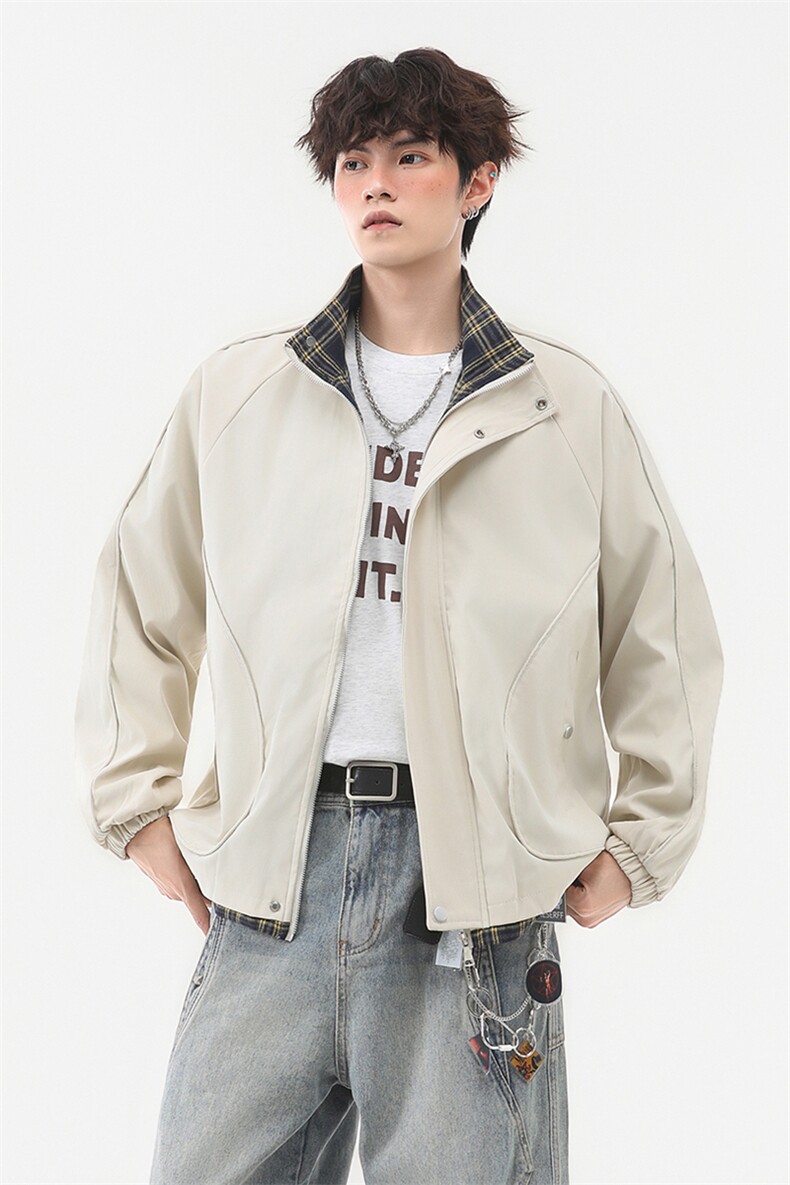 美式高阶秋季立领拼色格子内里夹克设计感情侣外套J542595TP58,男装夹克,电商A247