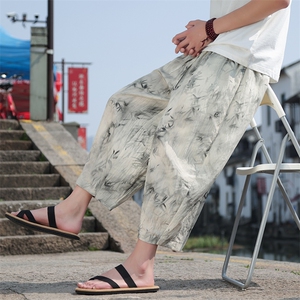 夏季冰丝亚麻透气扎染竹叶九分风中式K213-P55图片