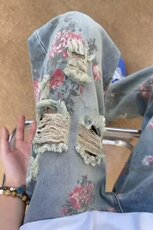玫瑰花破洞牛仔裤男款美式高级感裤子潮牌痞帅炸街微喇直筒裤，男装牛仔裤，星座218-1（原230）