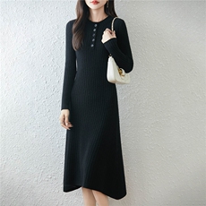2025年秋季中长款休闲风长袖圆领时尚百搭通勤连衣裙，女装连衣裙，绒汀羊绒