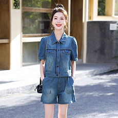 港味拼色牛仔短裤套装女2025夏季新款小个子泡泡袖休闲减龄两件套，女装套装/套裙，意芙