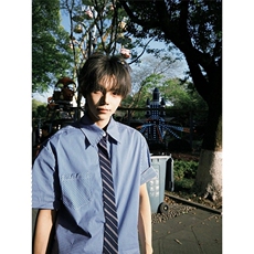 蓝色格纹假领带衬衫男女夏季短袖美式衬衣学院风情侣小众设计外套，男装T恤，星座601-1