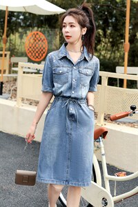 欧货牛仔连衣裙女中长款2025夏季薄款收腰显瘦时尚亮片衬衫A字裙图片