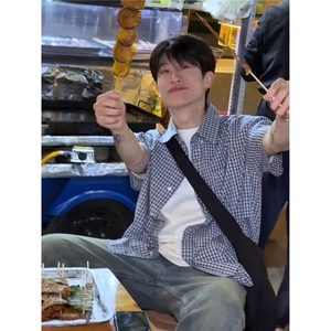 【现货】DC75-特批28潮流美式蓝色格子短袖衬衫男生套装原宿新款图片