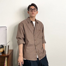 1506/QFA67690/P60复古小格子衬衫口袋高级感长袖衬衣情侣休闲，男装衬衫，星座1506