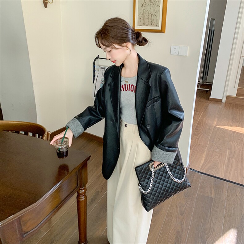 2025秋季新款黑色通勤风复古PU皮西装外套女高级感拼接淡人小西服图片