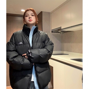 中性风冬装PU软皮美式撞色棉服logo棉衣休闲外套男女G1102P128,灰白格子呢子短款外套怎么搭配图片