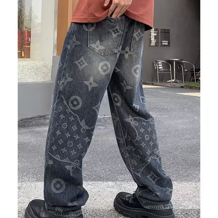 满印提花牛仔裤男秋季美式高街vibe直筒宽松阔腿潮牌痞帅炸街裤子,女装休闲裤,星座218-8