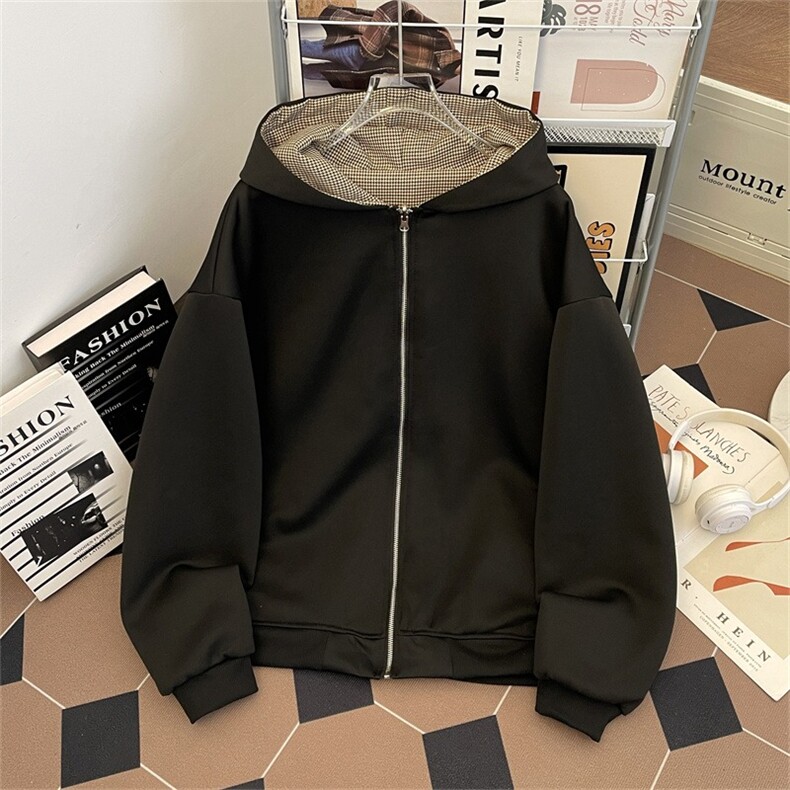复古千鸟格双面穿格子拉链开衫卫衣cleanfit外套WY189 P58图片