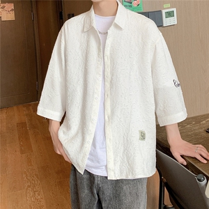 港风花型七分袖衬衫男大码M-5XL风情侣衬衫男QCS7023P45控68