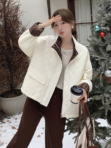 米白色撞色菱格保暖棉服外套2c309-872-p175-k258图片