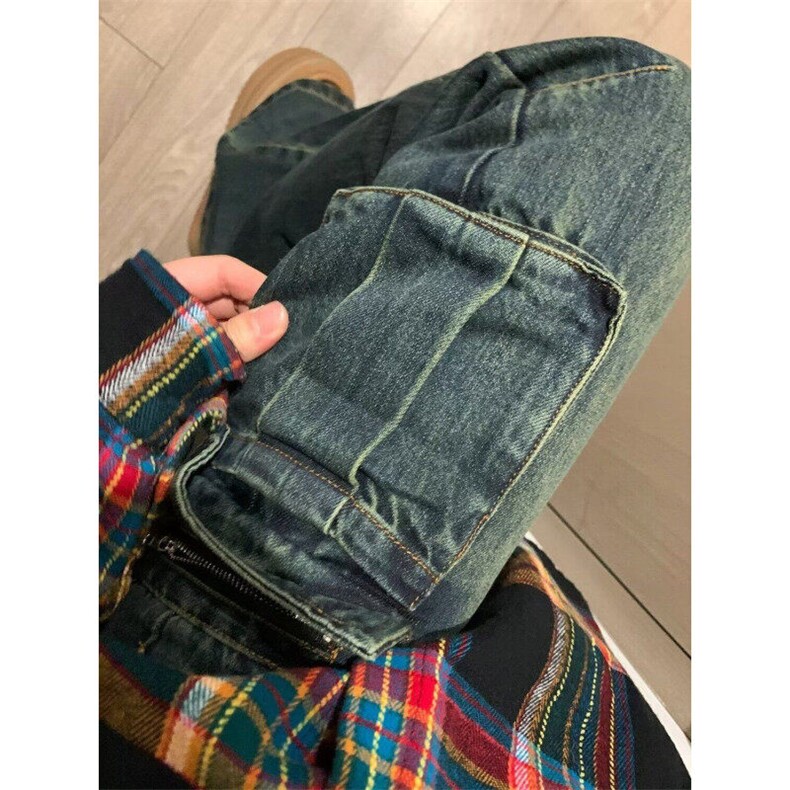 美式复古美式做旧工装牛仔裤子女春秋潮ins宽松口袋微喇叭长裤,男装牛仔裤,星座506A