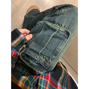 美式复古美式做旧工装牛仔裤子女春秋潮ins宽松口袋微喇叭长裤图片