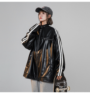 高品质美式条纹小立领PU皮衣情侣机车服夹克外套JK2315-P98控128图片