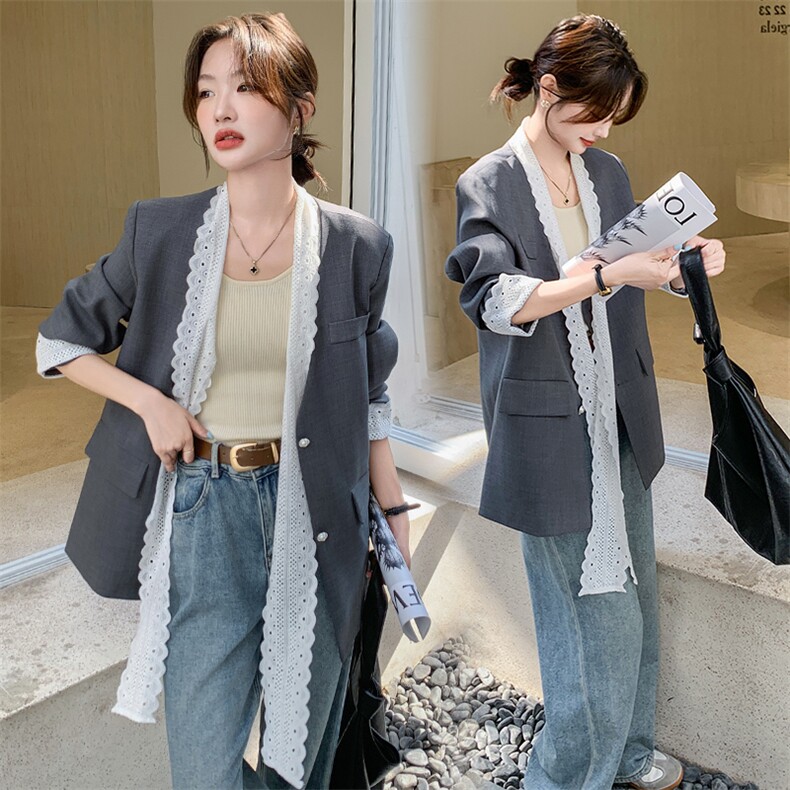 蕾丝拼接灰色休闲西装外套女春秋2025新款高级感减龄显瘦气质西服,女装西装,韩蜜菓