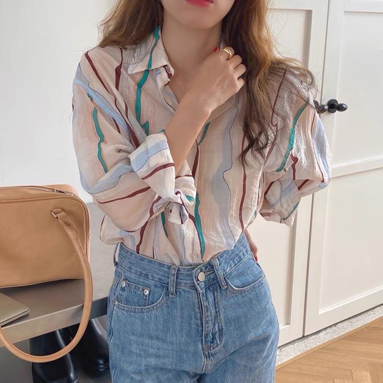 夏季新款洋气韩版条纹花色衬衫防晒衣,女装衬衫,L·H·X