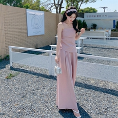 粉色法式简约甜美风吊带上衣套装女2025夏季新款高腰阔腿裤两件套，女装套装/套裙，浙宝220