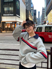网图美式复古秋新款半开领polo领灰色卫衣男女宽松高街特批48，男装卫衣，电商C306-1