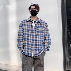美式复古春秋新款简约毛边蓝色条纹拼接衬衫外套男百搭休闲情侣款，男装衬衫，星座506A