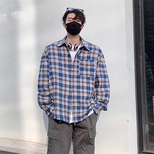 美式复古春秋新款简约毛边蓝色条纹拼接衬衫外套男百搭休闲情侣款图片