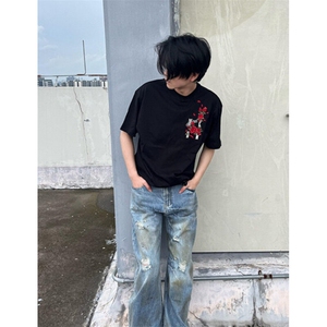 玫瑰印花T恤女夏季美式设计感休闲短袖男潮牌情侣款上衣 TC06图片