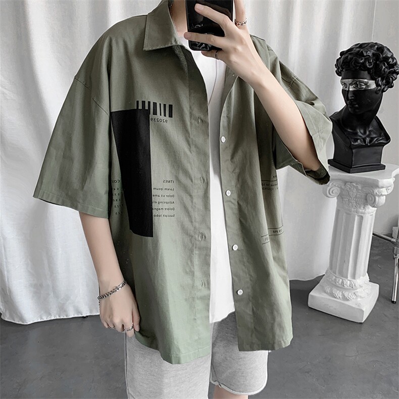港风chic短袖衬衫男宽松七分袖工装ins夏季休闲学生衬衣W970-P35,男装衬衫,星座512-2