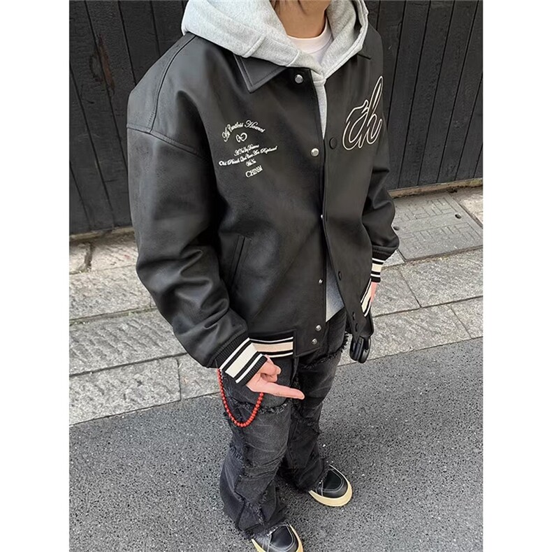 美式高街复古翻领PU皮刺绣飞行员夹克男女潮牌休闲春秋棒球服外套图片