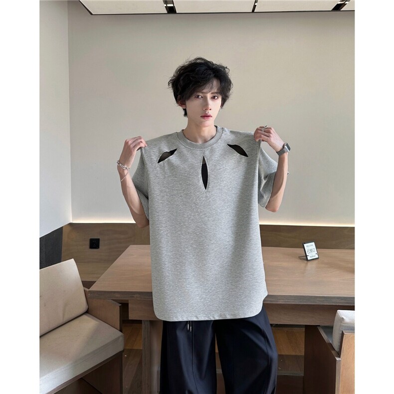 镂空短袖T恤男夏季高级感痞帅重磅正肩垫肩体恤上衣,男装T恤,星座410-6（原星座1304-1）