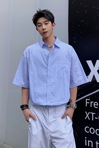 条纹短袖衬衫 5X4002-TP3558 夏季日系薄外套宽松休闲衬衣男图片