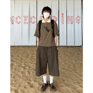 日系复古白色七分裤潮牌街头夏季宽松马裤男女休闲设计感工装短裤图片