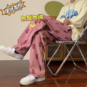 设计感小众灯芯绒裤子男秋冬加绒港风扎染宽松直筒情侣款休闲裤潮图片