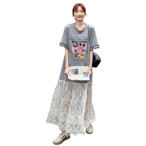 蕾丝拼接花边卡通灰色T恤连衣裙女夏2025新款休闲运动高级感长裙图片